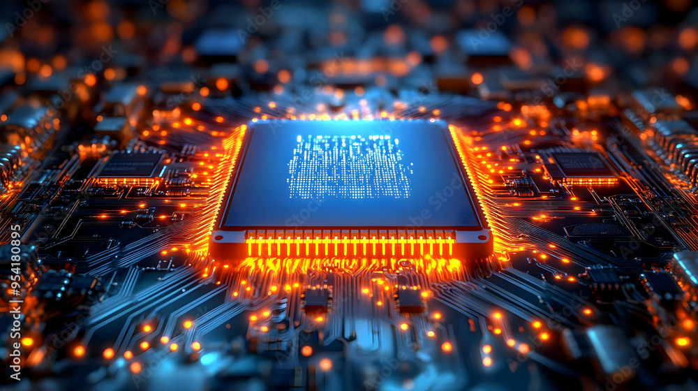 Poster close-up of a computer chip on a circuit board with glowing lights.