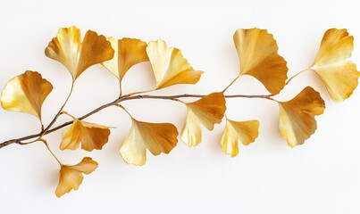 A gold leafy branch with leaves that are gold in color