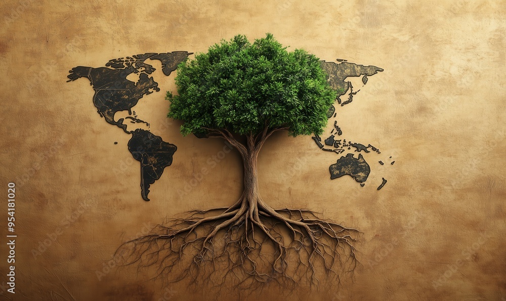 Poster a tree with roots growing out of it and a map of the world in the background
