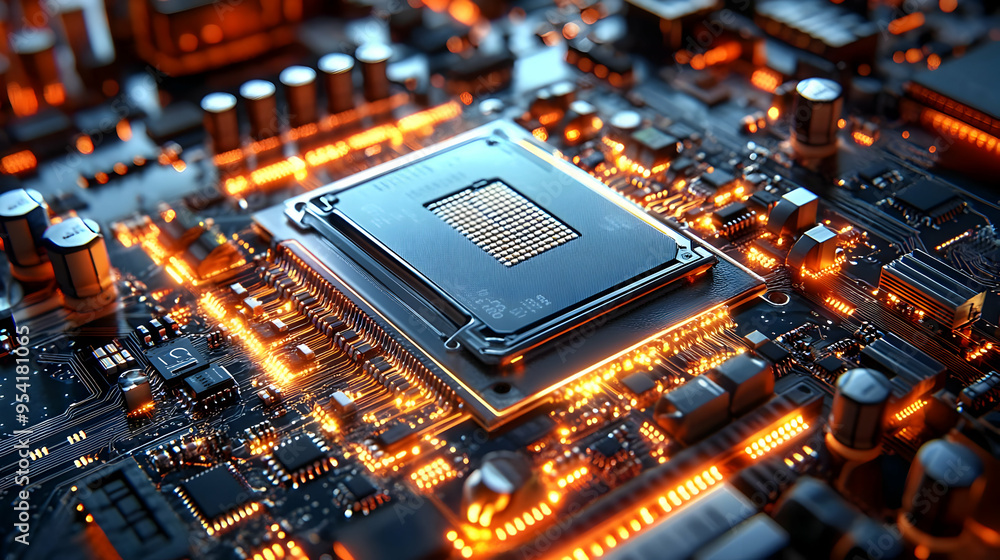 Aufkleber close-up of a cpu chip on a motherboard with glowing circuits.