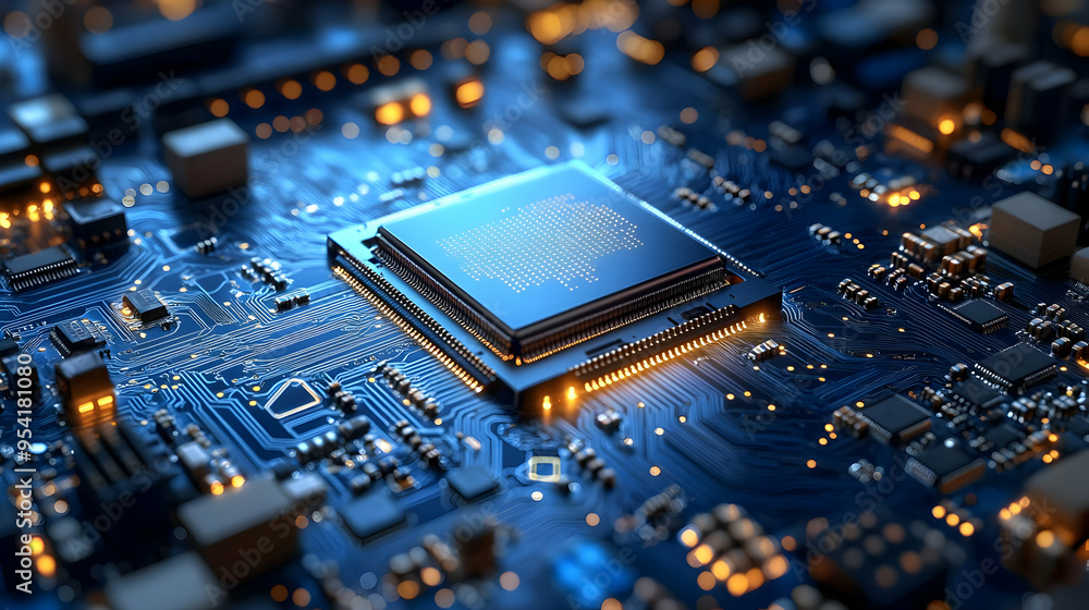 Aufkleber closeup of a cpu on a motherboard with glowing circuits.