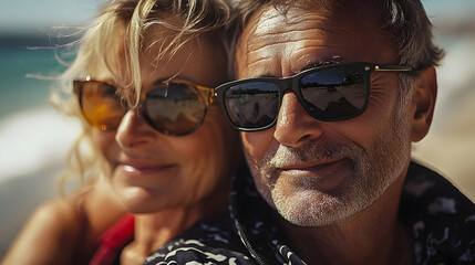 Obraz premium Close-up of a couple wearing sunglasses, looking happy and relaxed.
