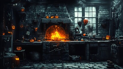 Ghostly blacksmith crafting with radiant embers, Halloween masks hanging, detailed digital painting, isolated on white background