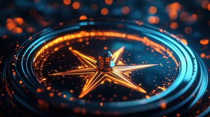 A glowing star is on a black surface. The star is surrounded by a circle of fire. The fire is orange and blue