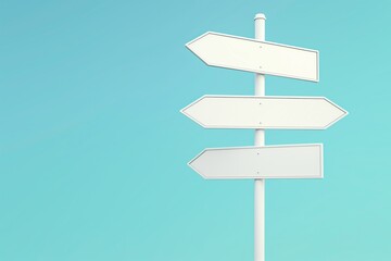 Three white street signs pointing in different directions