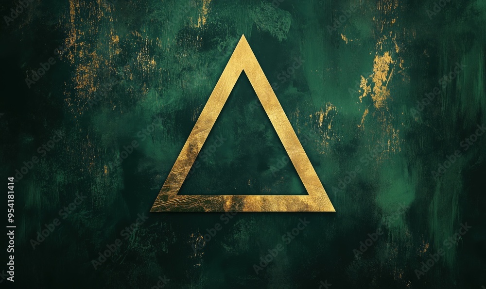 Poster a gold triangle is on a green background. the triangle is the main focus of the image. the image has