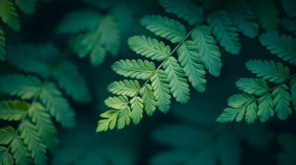 Fototapeta premium Close-up of a fern frond with green leaves against a dark background.