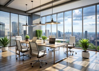Modern open-concept workspace with sleek glass tables, minimalist chairs, and floor-to-ceiling windows bathing the area
