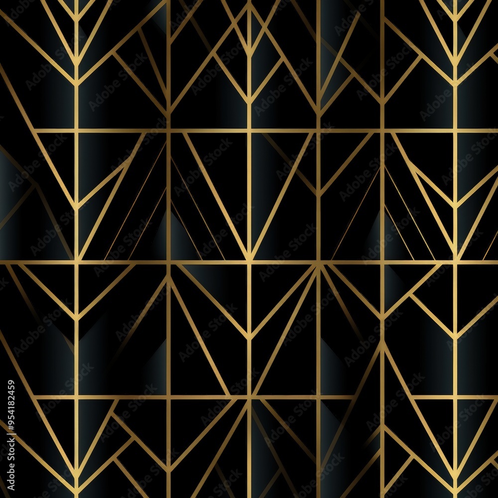 Poster a geometric black and gold pattern featuring angular shapes and lines.