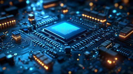 Close-up of a glowing blue computer chip on a circuit board.