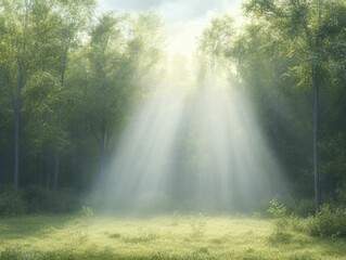 Fototapeta premium Sunbeam Through Trees Illuminating a Peaceful Forest Scene