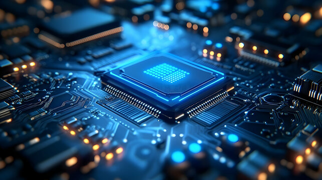 Close-up of a glowing blue CPU chip on a circuit board.