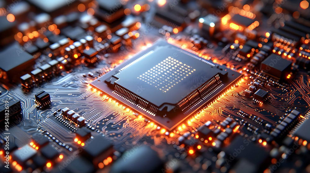 Poster close-up of a glowing cpu chip on a circuit board.