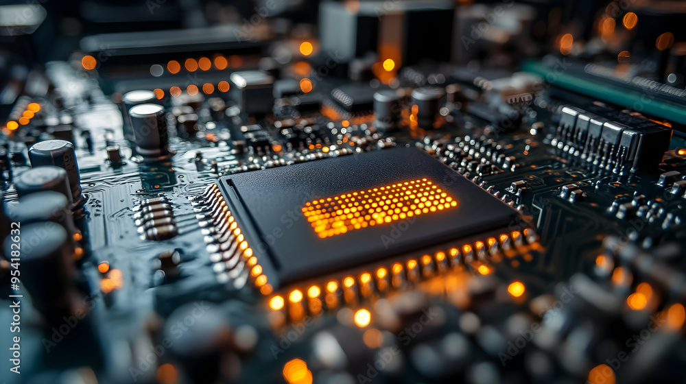 Poster close-up of a glowing cpu chip on a circuit board.