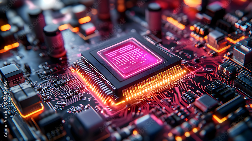 Aufkleber close-up of a glowing cpu on a circuit board.