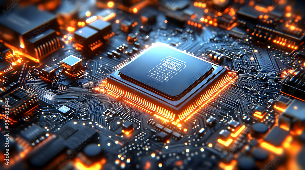 Poster closeup of a glowing cpu on a circuit board.