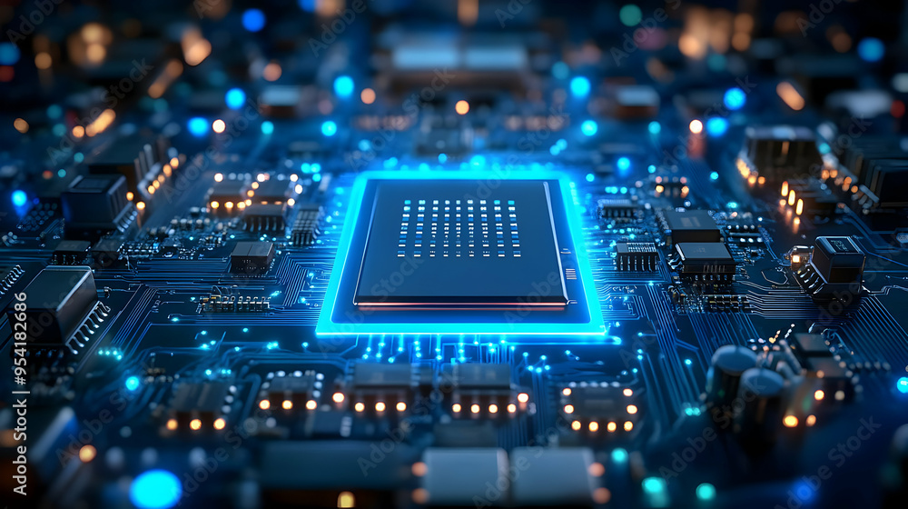 Poster close-up of a glowing cpu on a circuit board.