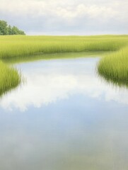 Obraz premium Pristine wetland marsh showcasing mirrored skies and lush vegetation in tranquil waters, creating a serene and captivating landscape.