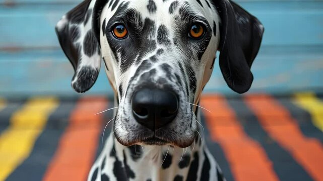 Dalmatian dog looking directly at camera, portrait on colorful striped background