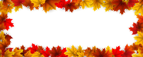 Horizontal border of vibrant autumn maple leaves in red, orange, and yellow tones. Vector illustration.