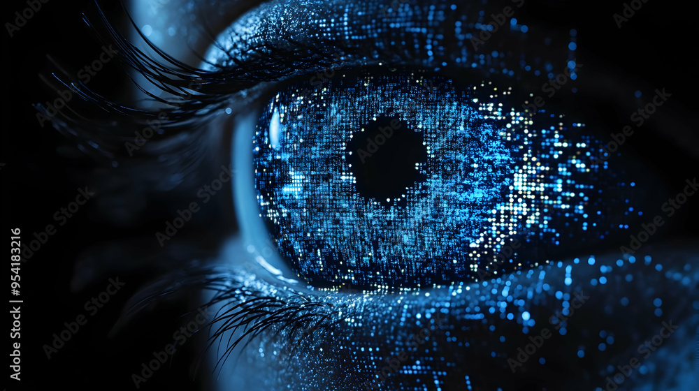 Poster close-up of a human eye with a digital code pattern in the iris.