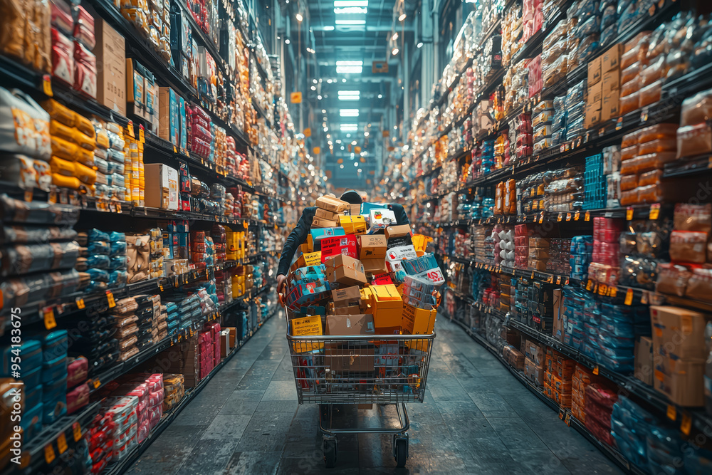 Poster a shopper pushing a cart overflowing with discounted items through a crowded retail space. concept o