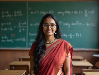 Indian Teacher in Traditional Saree Standing Before Chalkboard