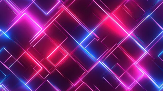 Vibrant neon geometric abstract background with glowing lines and shapes in pink, purple, and blue hues.