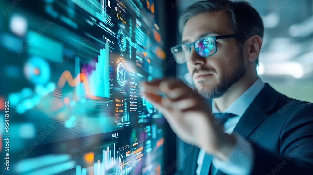 Poster businessman analyzing data on interactive screen
