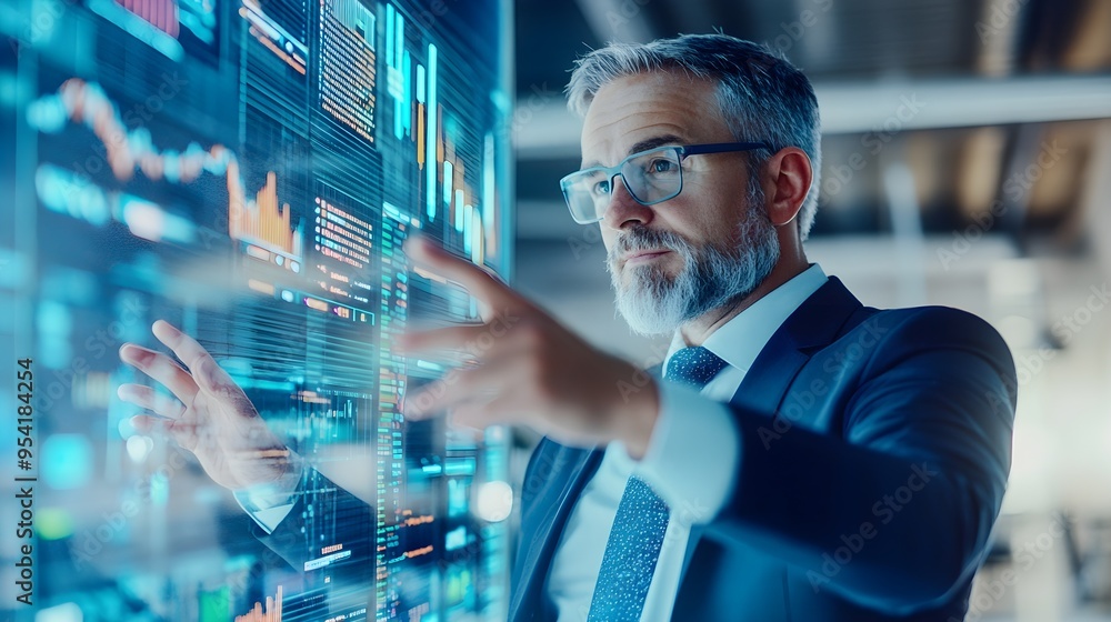 Poster businessman analyzing data on interactive screen