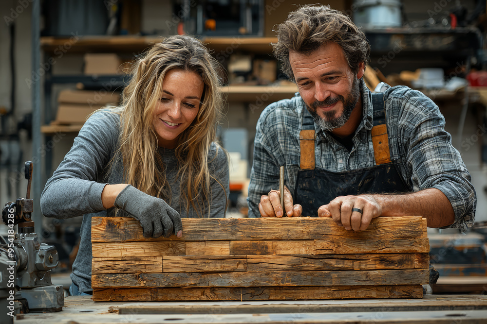 Aufkleber a married pair building a piece of furniture together, focusing on their teamwork. concept of shared