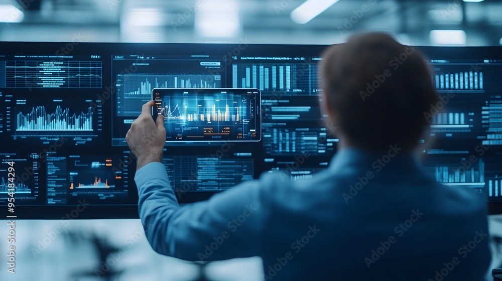 Poster businessman analyzing data on multiple screens