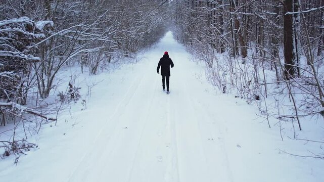Man walking in Santa's hat in winter forest. Aerial view beautiful snowy trees. Road in snow wintertime. Frosty morning travel concept background. Amazing winter scene. Christmas theme. Spruce covered
