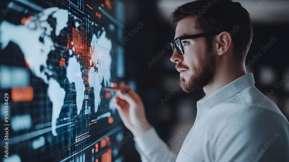 Poster businessman analyzing global data on interactive screen