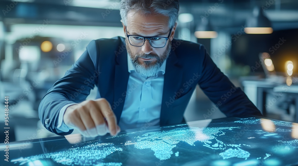 Poster businessman analyzing global data on interactive table