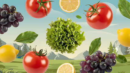 Fresh fruits and vegetables floating in the air.

