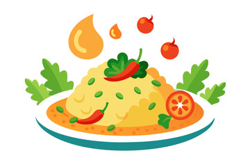 Delicious Bulgar Pilaf with Shrimps, Bell Peppers, and Greens - Vector Illustration