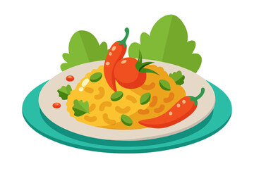 Delicious Bulgar Pilaf with Shrimps, Bell Peppers, and Greens - Vector Illustration