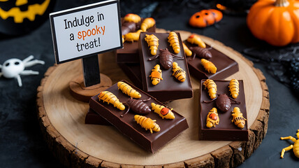 Spooky chocolate bars with insect-shaped candies. Halloween treats.
