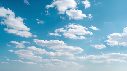 A vast expanse of a clear blue sky dotted with fluffy white clouds.
