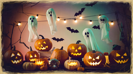 Spooky Halloween display with jack-o'-lanterns and ghosts.
