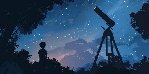 A child gazing at a starry night sky through a telescope, sense of wonder and curiosity