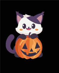 A cute Halloween cat with a carved pumpkin, ready for trick or treat October 31st. Halloween vector art isolated on a transparent background