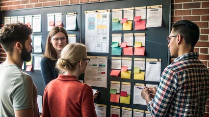 Colorful website wireframes pinned on a wall, collaborative design process, team brainstorming session.
