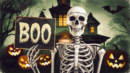 Skeleton holds "BOO" sign, Halloween scene.
