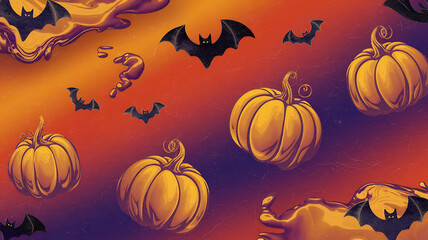 Orange pumpkins and black bats on a gradient background. Halloween theme.

