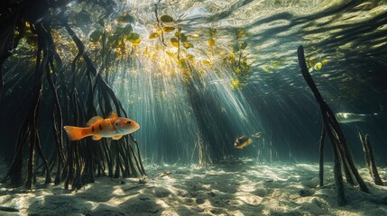 A fish swimming through a mangrove forest, with roots extending into the water and sunlight filtering through