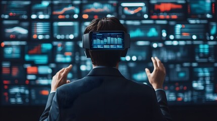 Obraz premium Businessman with VR Headset Interacting with Data Wall
