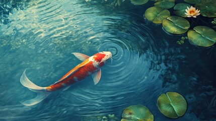 A graceful koi fish swimming in a serene pond, with ripples on the water's surface and lily pads floating nearby