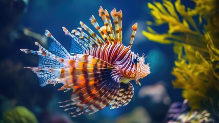 A lionfish gliding gracefully through the water, with its striking spines and vibrant colors on full display